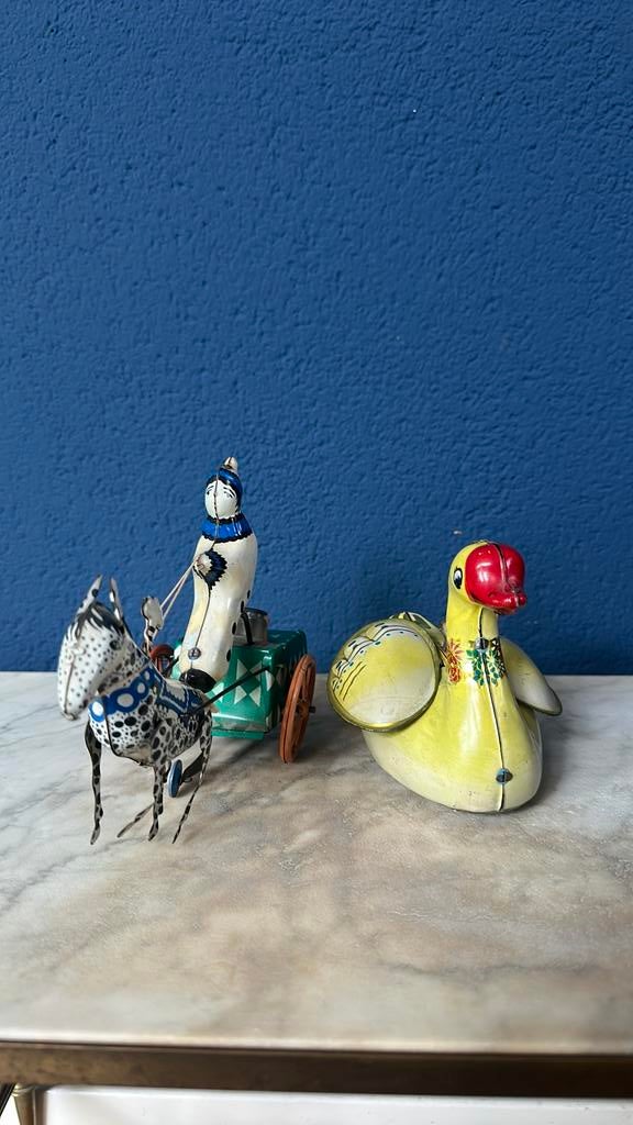Vintage blikken speelgoed clown op kar met ezel antiek USSR, Ophalen of Verzenden, Gebruikt, Overige materialen, Overige merken