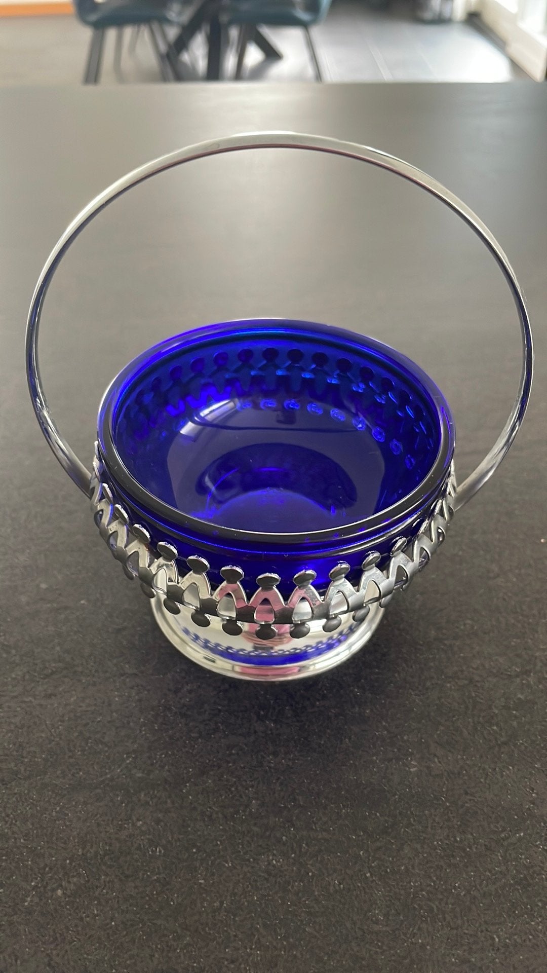 Vintage bonbon-/suikermandje met kobaltblauw glas, Ophalen of Verzenden