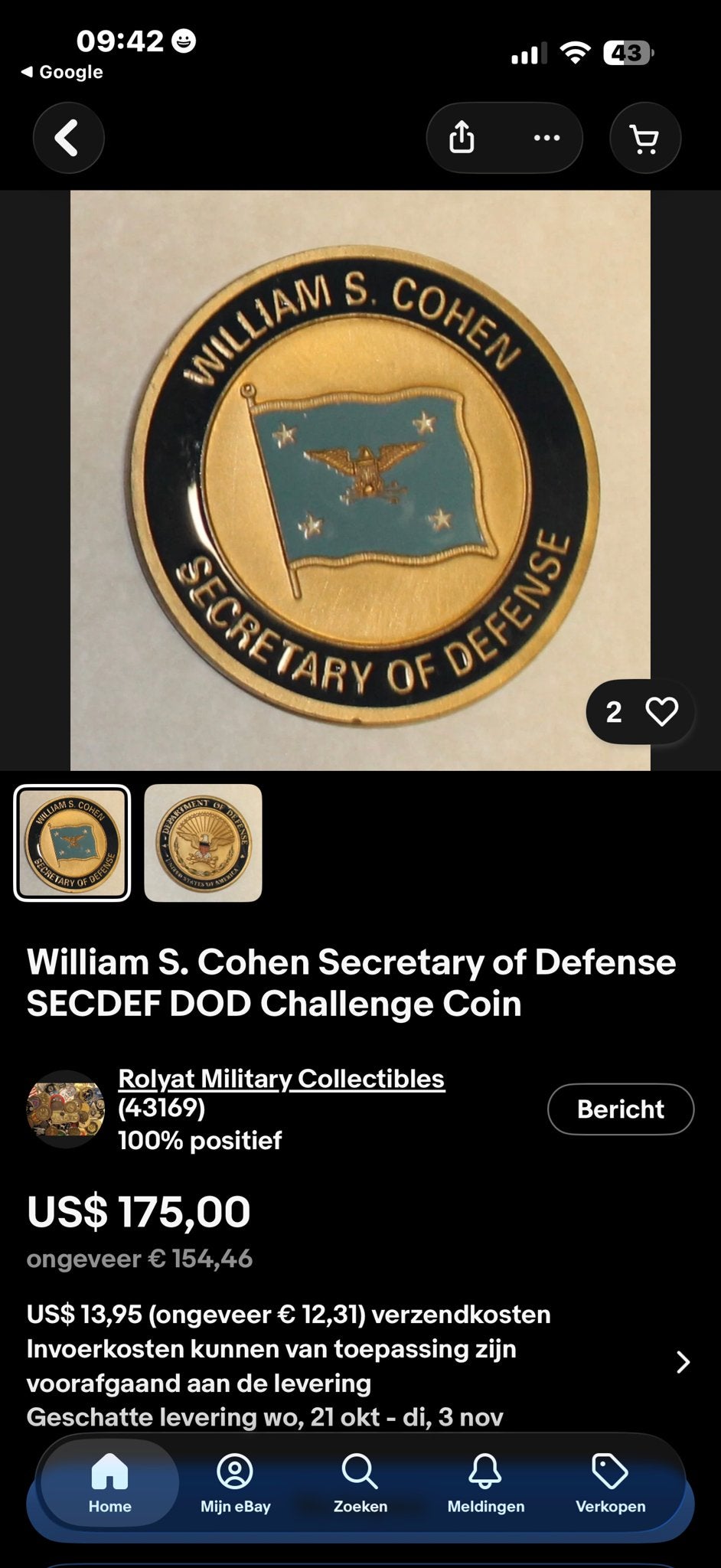 William S. Cohen Secretary of Defense Challenge Coin, Ophalen of Verzenden