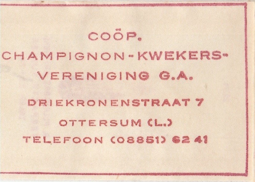 champignon kwekers vereniging Driekronenstraat Ottersum, Ophalen of Verzenden