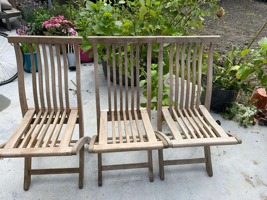 3 inklapbare teak houten tuinstoelen, Tuin en Terras, Tuinstoelen, Ophalen, Gebruikt, Teakhout, Inklapbaar