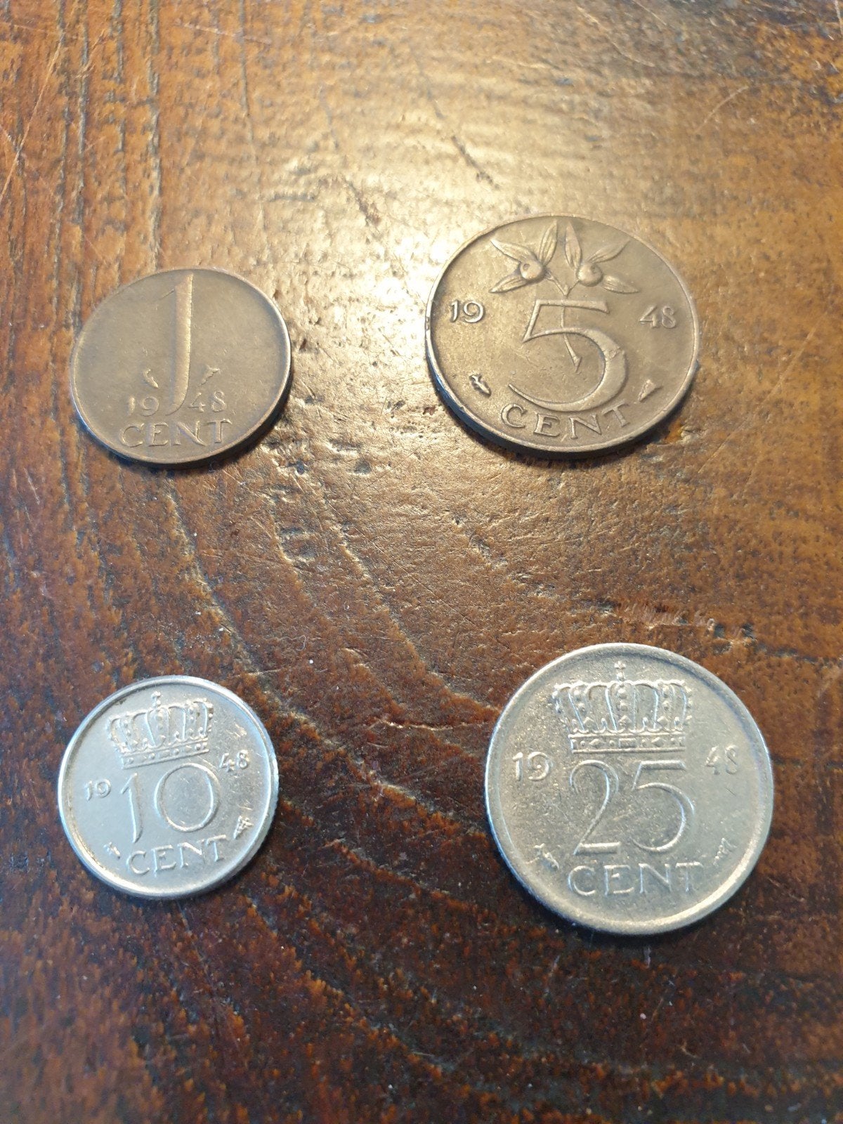 1, 5, 10 en 25 cent Juliana 1948, Postzegels en Munten, Munten | Nederland, Ophalen of Verzenden, Koningin Wilhelmina, 25 cent