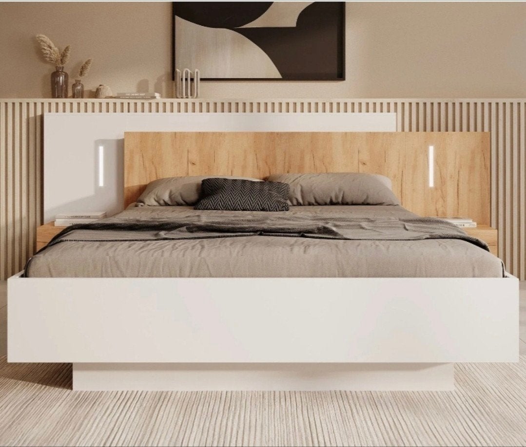 Tweepersoonsbed met nachtkastjes en verlichting, Ophalen, Wit, Tweepersoons, Zo goed als nieuw