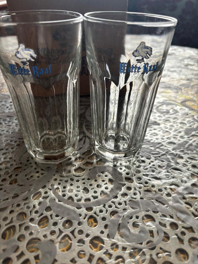 Witte Raaf vintage bierglazen, nieuw!, Ophalen, Zo goed als nieuw, Glas of Glazen, Overige merken