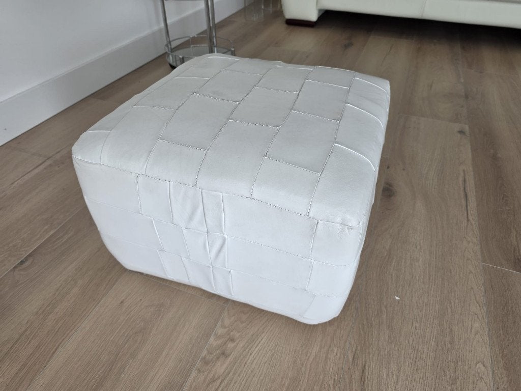 Wit leren poef, Ophalen, Minder dan 50 cm, Wit leer, Vierkant