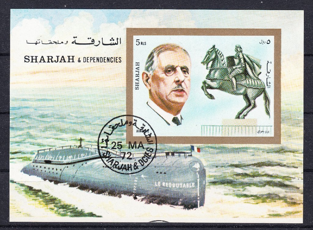 B303 - Sharjah Michel blok 95 gestempeld , Charles de Gaull, Postzegels en Munten, Verzenden, Gestempeld, Midden-Oosten