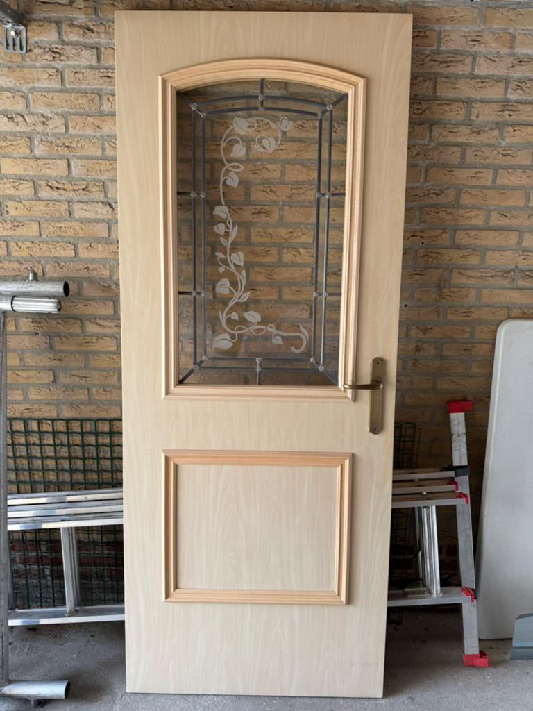 Opdek binnendeur met glas-in-lood, Doe-het-zelf en Verbouw, Deuren en Horren, 80 tot 100 cm, Binnendeur, Zo goed als nieuw, 200 tot 215 cm