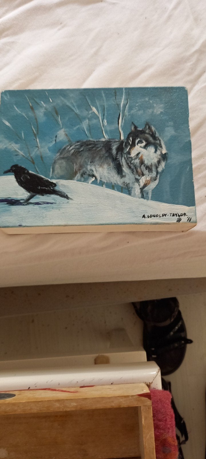 Schilderij met wolf en raaf in sneeuwlandschap, Ophalen of Verzenden