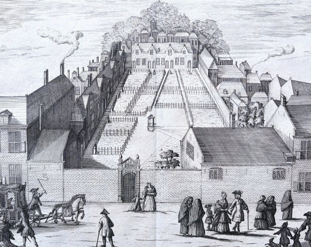 (ca. 1730) Hofje van Van Dam, Den Haag  – Reinier Boitet, Antiek en Kunst, 28 cm, Verzenden, Stadsgezicht, 35 cm