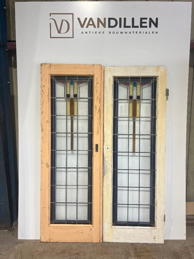 Oude set glas in lood deuren met heel mooi motief, Doe-het-zelf en Verbouw, Deuren en Horren, 120 cm of meer, Binnendeur, Ophalen of Verzenden