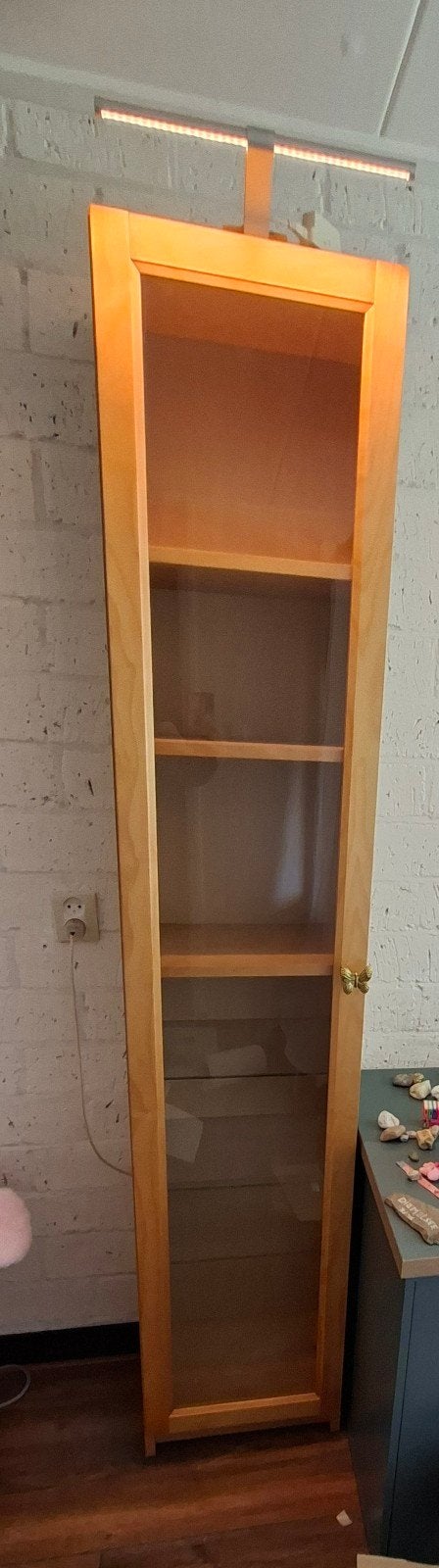 Hoge smalle kast met glazen deur en planken, Ophalen, Minder dan 50 cm, Modern, 25 tot 50 cm