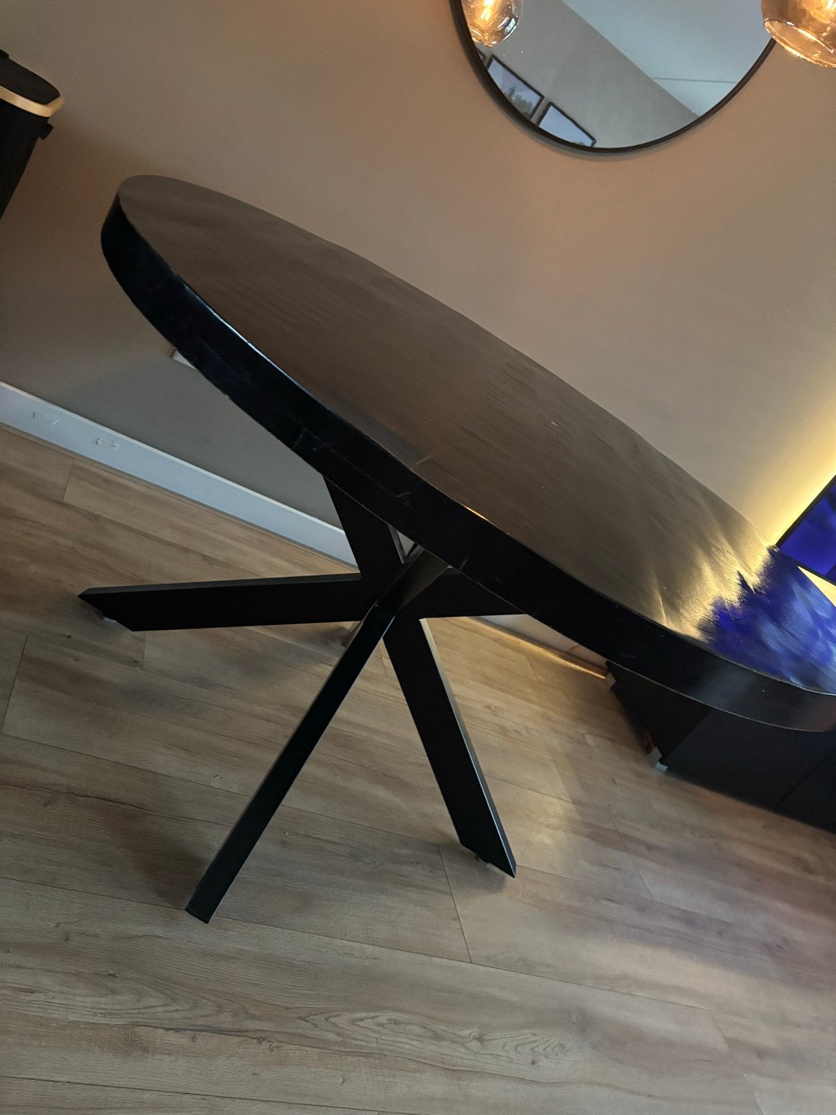 Massief eiken tafel met x-poot, 150cm, Ophalen, Gebruikt, 100 tot 150 cm, Vier personen