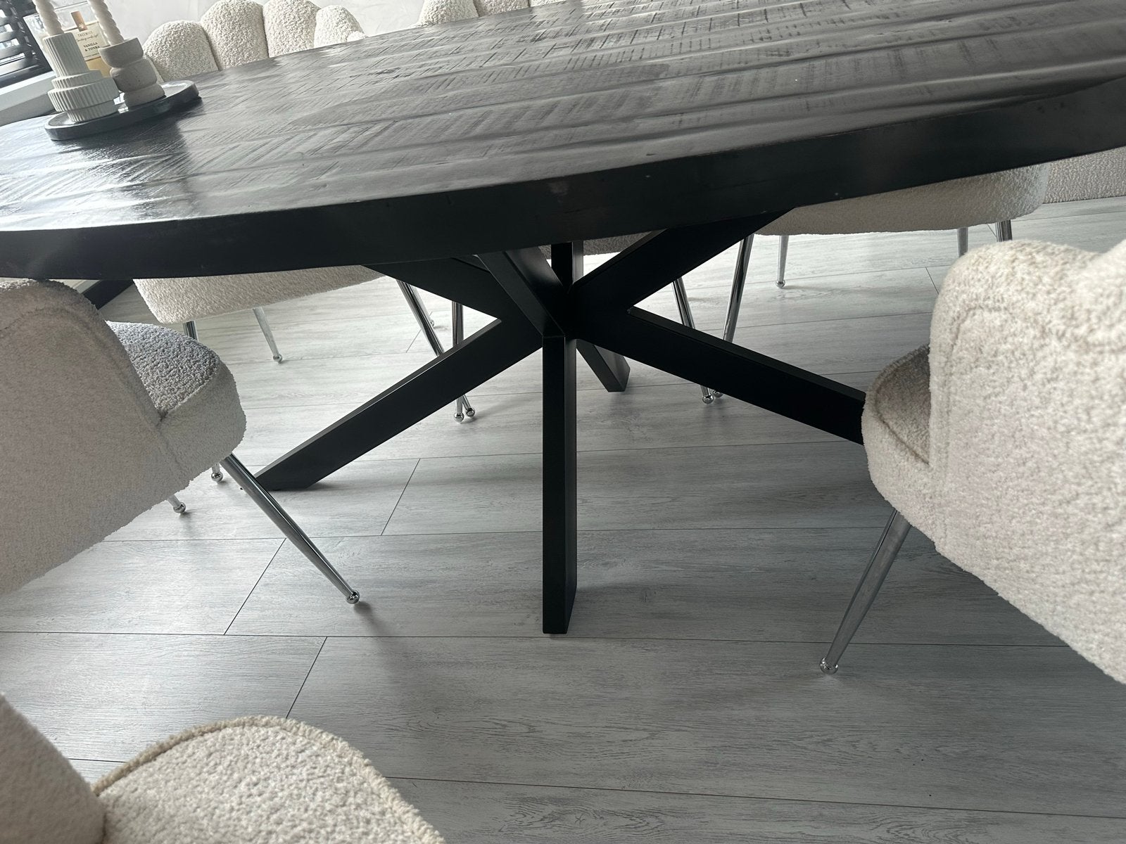 Zwarte ovale eettafel met spinpoot en salon tafel set, Gebruikt, 100 tot 150 cm, Ophalen of Verzenden, 150 tot 200 cm