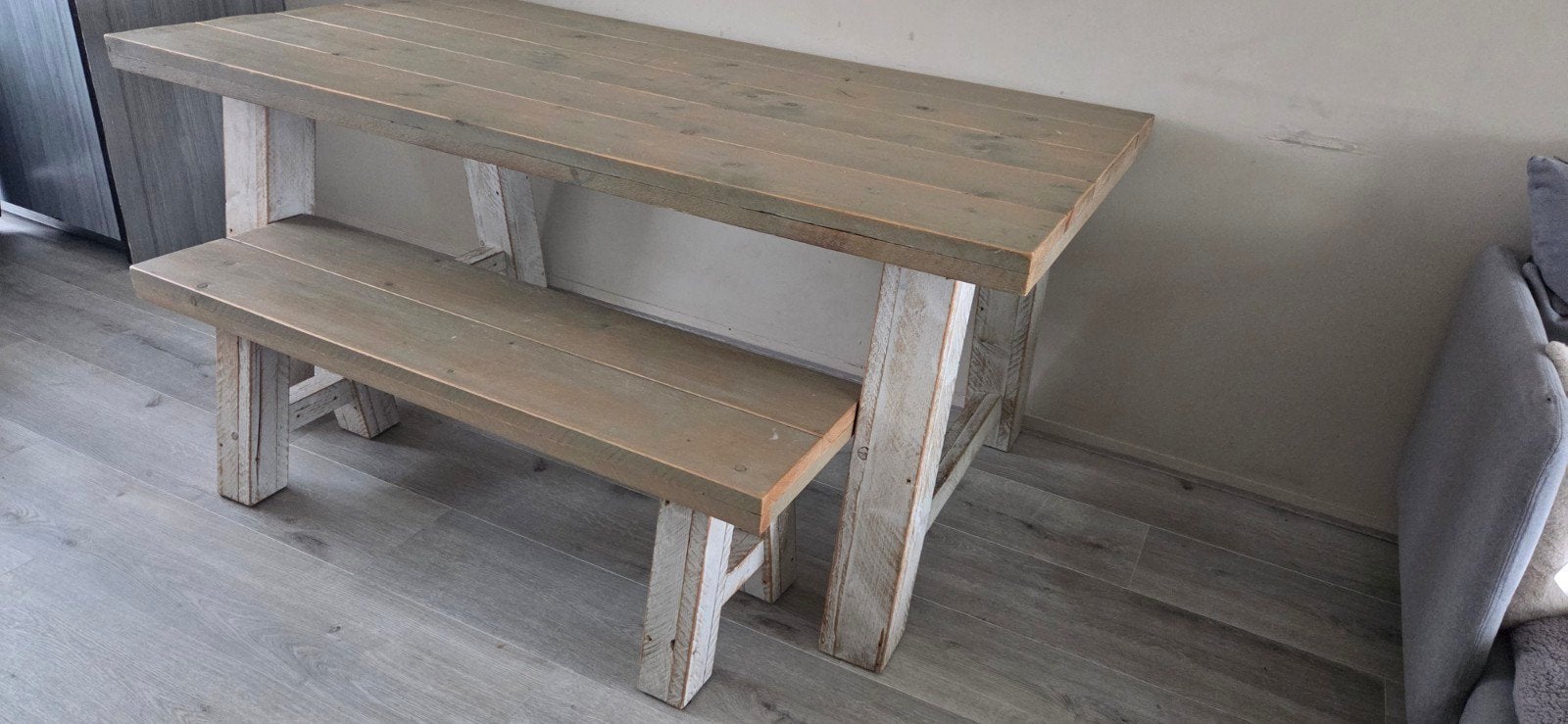 Eettafel L180 x B95 x H79,5 - Wit en Grey Wash met bankje., Ophalen, Gebruikt, 50 tot 100 cm, 150 tot 200 cm