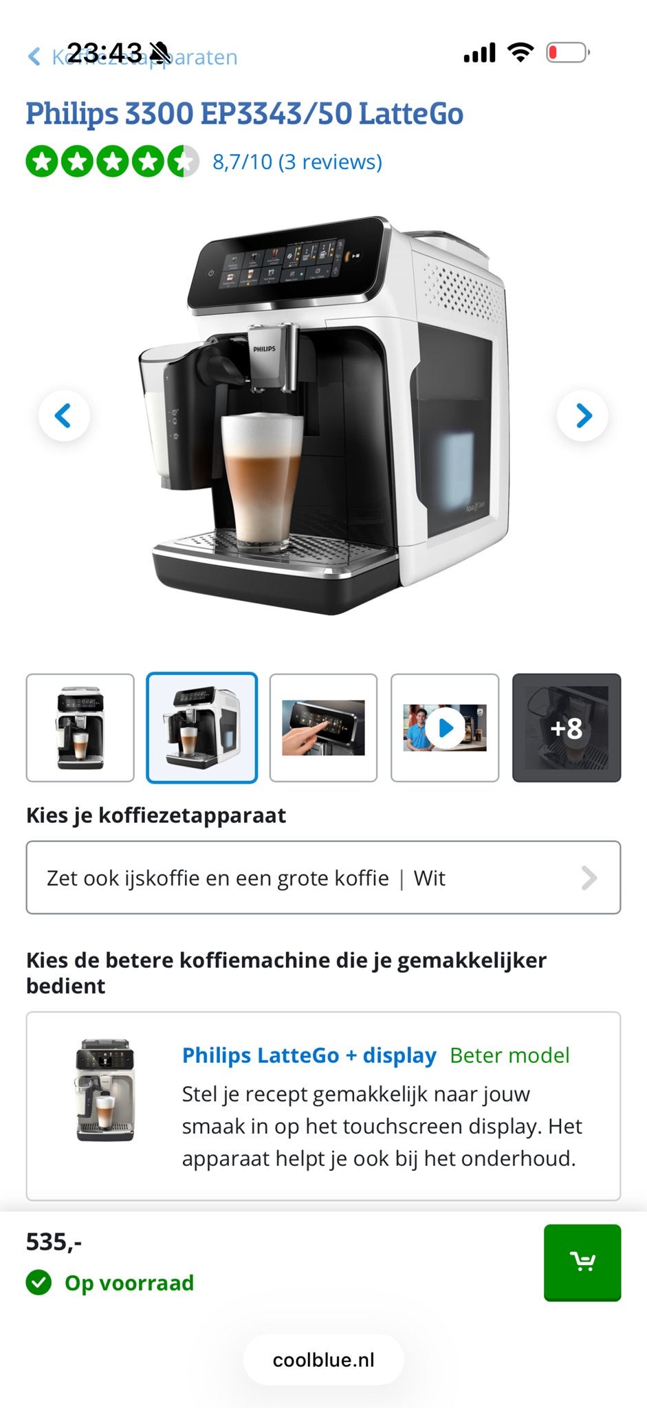 Philips 3300 EP3343/50 LatteGo - Zo goed als nieuw, Witgoed en Apparatuur, Ophalen of Verzenden, Zo goed als nieuw, Koffiemachine
