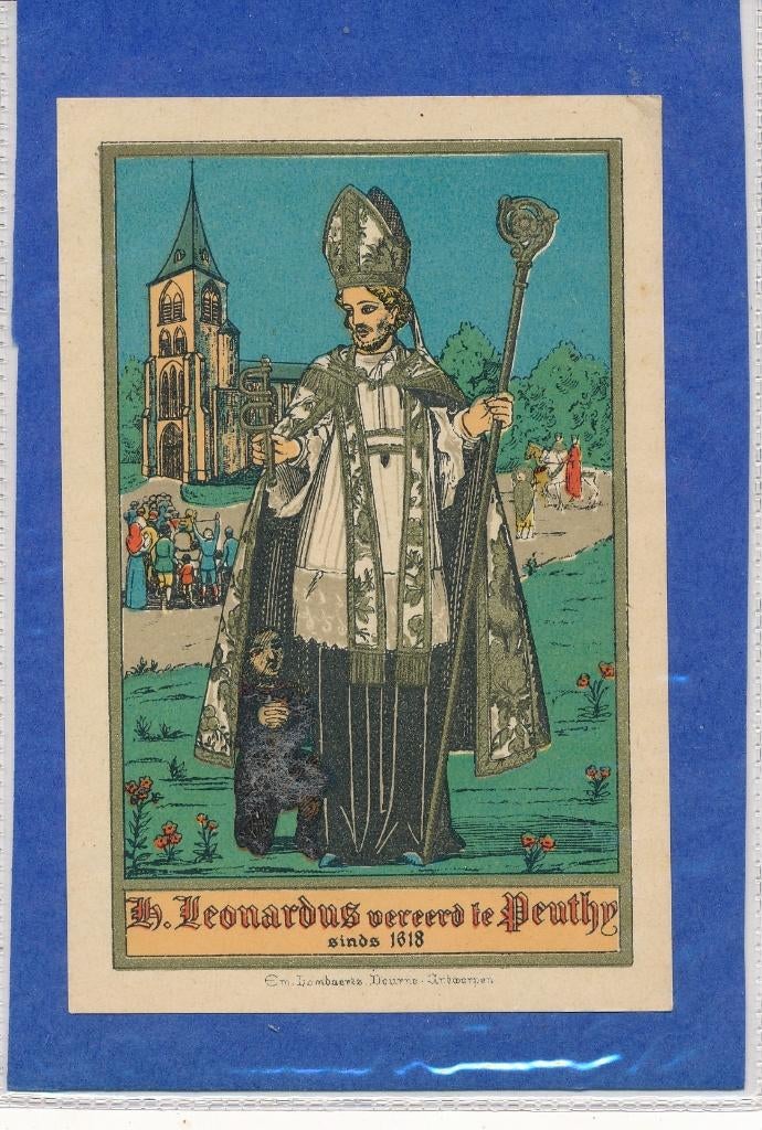 Oud steendruk devotieprentje Heilige Leonardus, Ophalen of Verzenden, Zo goed als nieuw, Kaart of Prent, Christendom | Katholiek