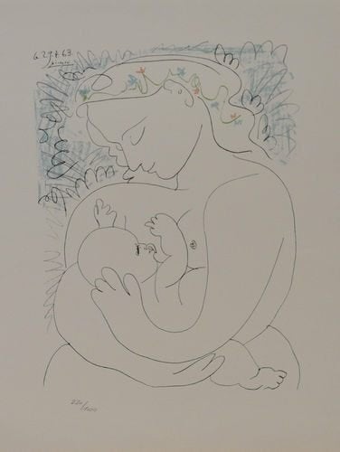 Picasso (1881) Kleur Lithografie " Moeder en Kind " Gen Ges, Antiek en Kunst, Personages en Fantasiefiguren, Gesigneerd in de plaat