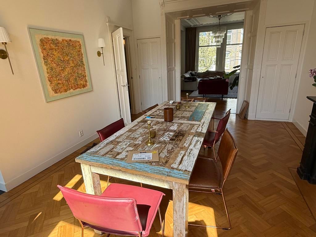 Hardhouten Eettafel en 6 leren stoelen, Amsterdam