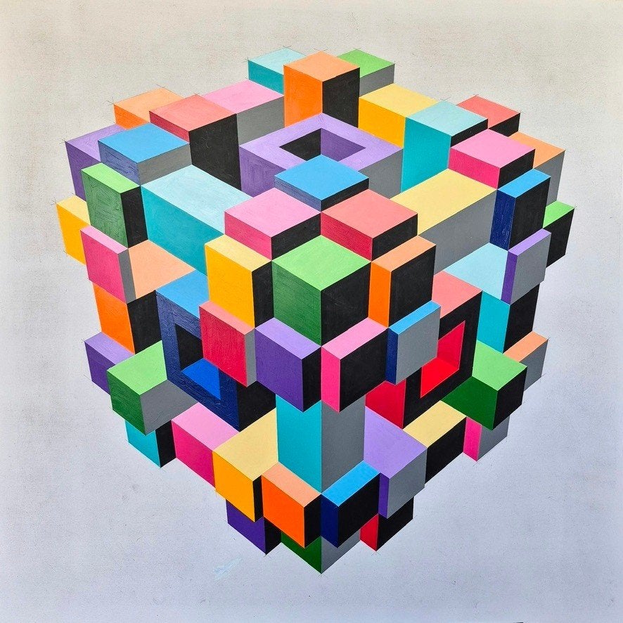 Schilderij Franklin van Dam - Geometrische 3D Kubus / Op-Art, Abstract, Acrylverf, Hout, 3D-effect