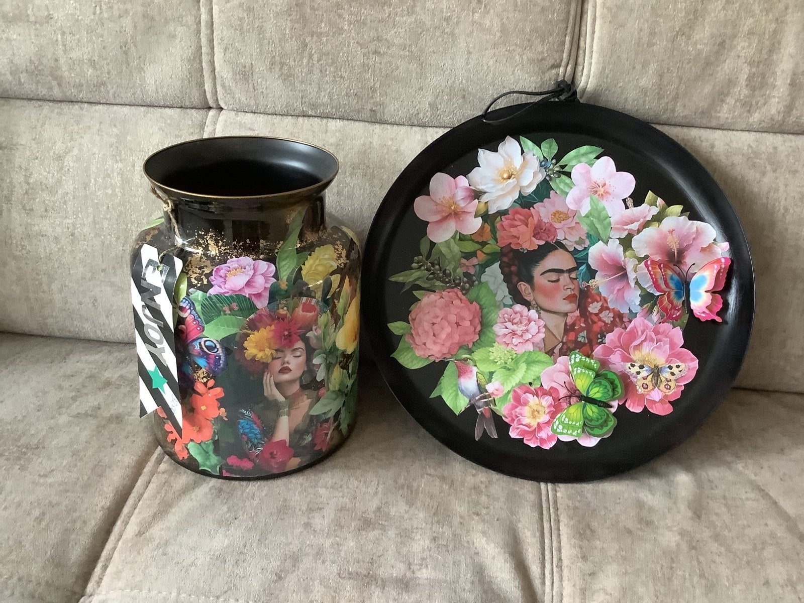 Decoratieve vaas en dienblad set - Frida Kahlo stijl, Ophalen of Verzenden