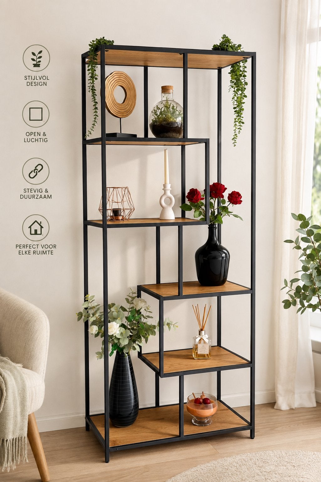 Stijlvolle open kast met Industriële Look en Houten Planken, Huis en Inrichting, Kasten | Boekenkasten, Ophalen, Met plank(en)