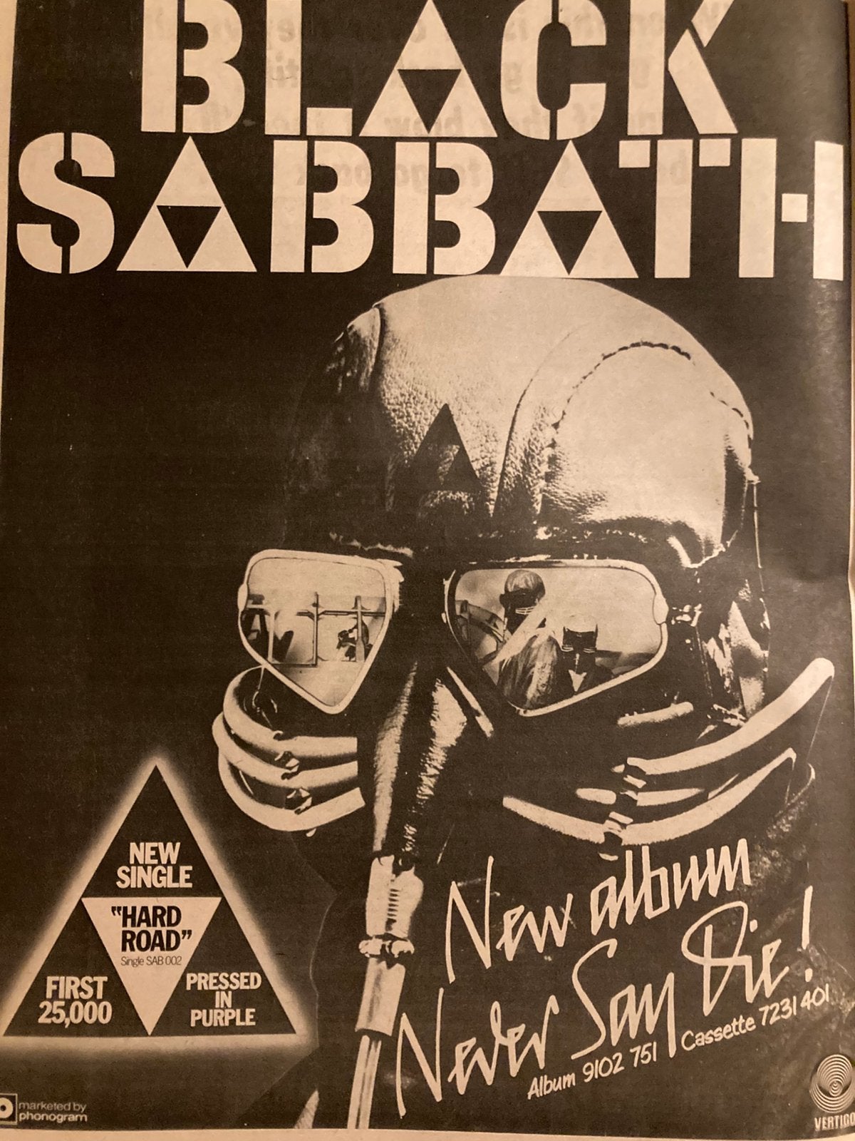 Paginagrote A3 advertentie BLACK SABBATH Never Say Die relea, Ophalen of Verzenden, Zo goed als nieuw