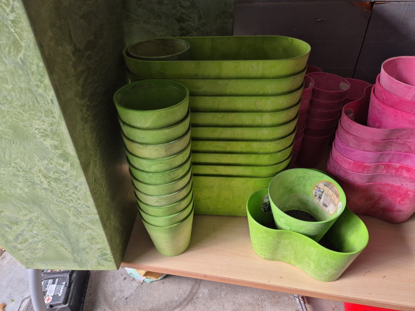 Grote partij Artstone bloempotten - diverse maten, Ophalen, Kunststof, Gebruikt, 40 cm of meer