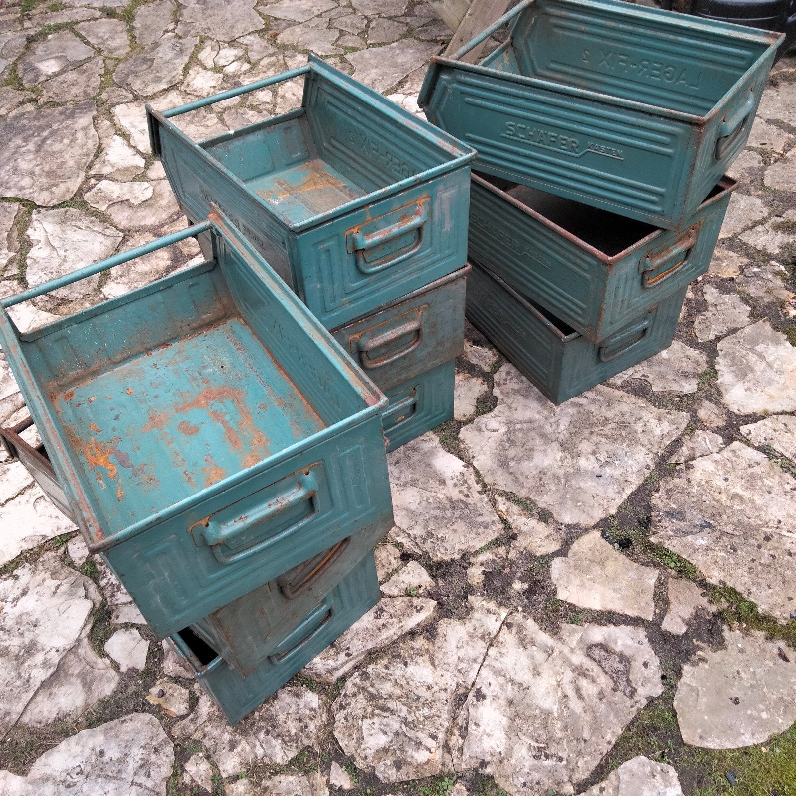 vintage magazijnbakken groen negen stuks, Huis en Inrichting, Ophalen, Minder dan 50 cm, Gebruikt, Minder dan 50 cm