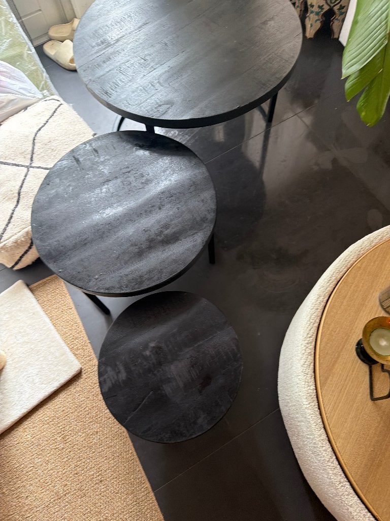 Salontafel Set van 3 – Industriële was 199,99 nu 85,00, Eikenhout, 50 tot 100 cm, Rond, Zo goed als nieuw