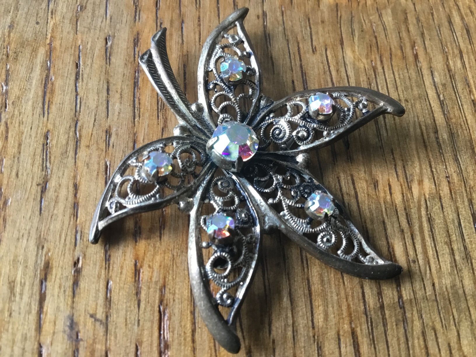 2 Vintage Broches: Bloem met Kristallen & Filigraan Ster, Overige materialen, 4 tot 7 cm, Gebruikt, Ophalen of Verzenden