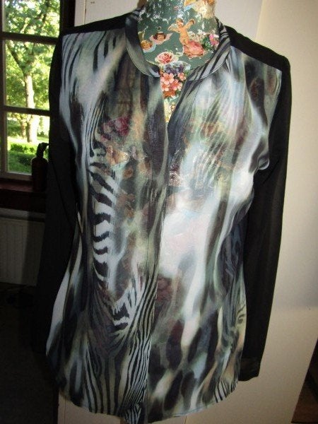 E499 TRAMONTANA mt S blouse zwart lichtblauw chiffon, Verzenden, Tramontana, Zwart, Zo goed als nieuw