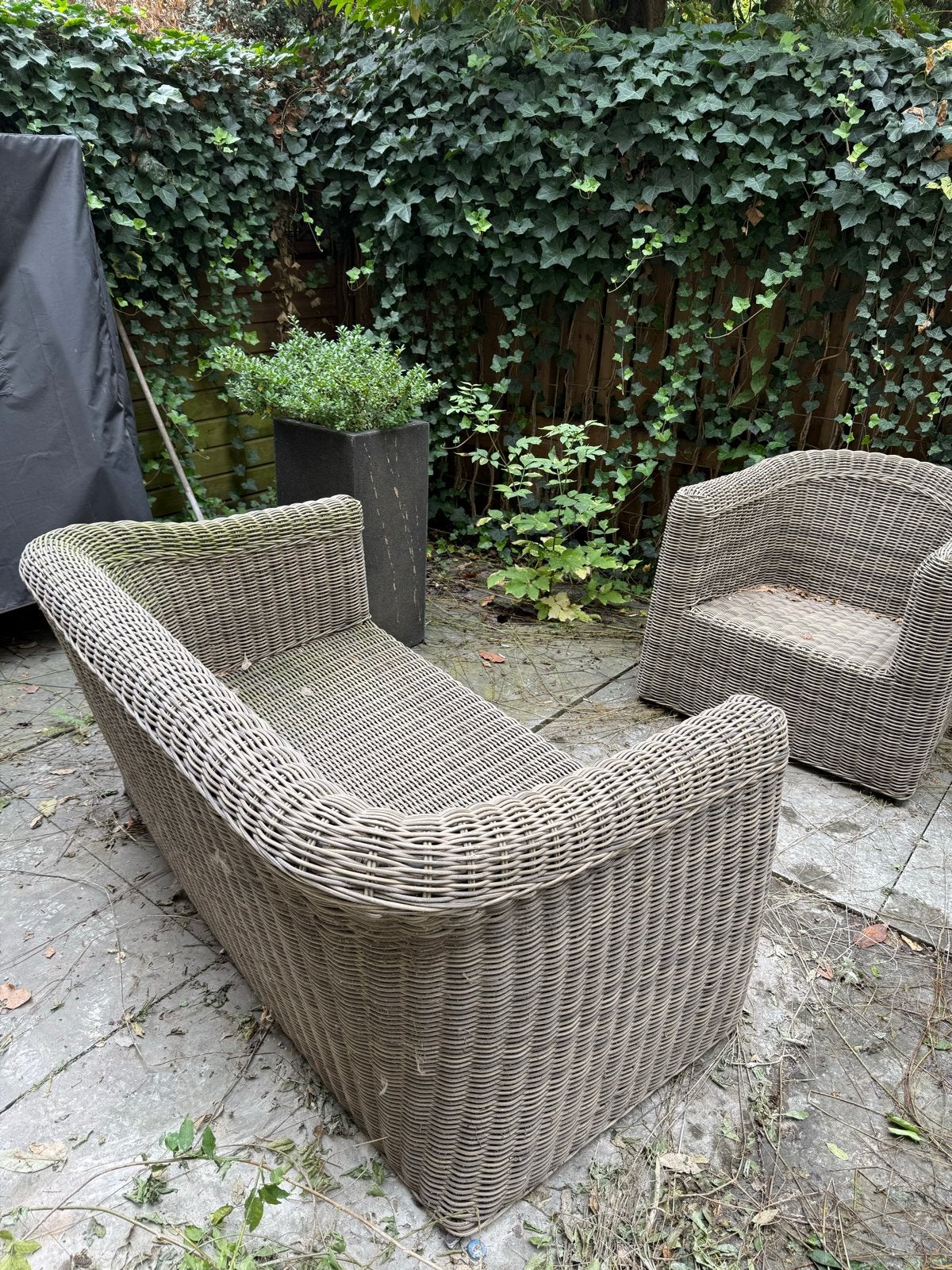 Wicker Loungeset: 1-zitsbank en 2 fauteuils, Tuin en Terras, 4 zitplaatsen, Gebruikt, Ophalen of Verzenden, Loungeset