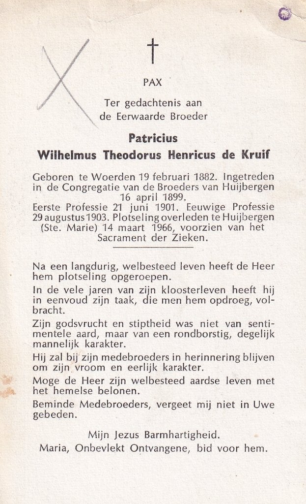 kruif  Wilhelmus 1882 Woerden 1966 Huijbergen  priester, Verzamelen, Bidprentjes en Rouwkaarten, Ophalen, Bidprentje