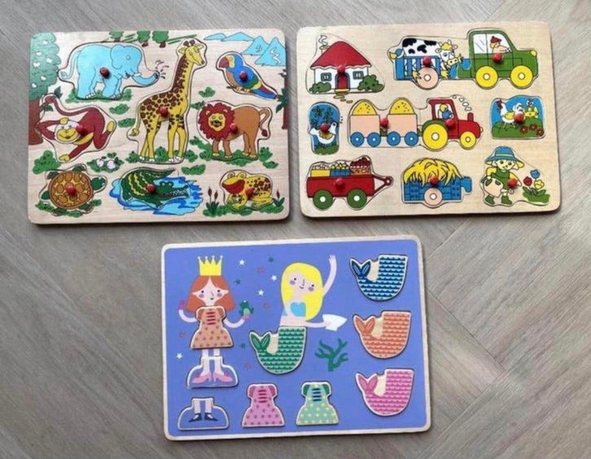 Houten kinder puzzels | zeemeermin - boerderij - dieren, Ophalen of Verzenden, Zo goed als nieuw, Van hout