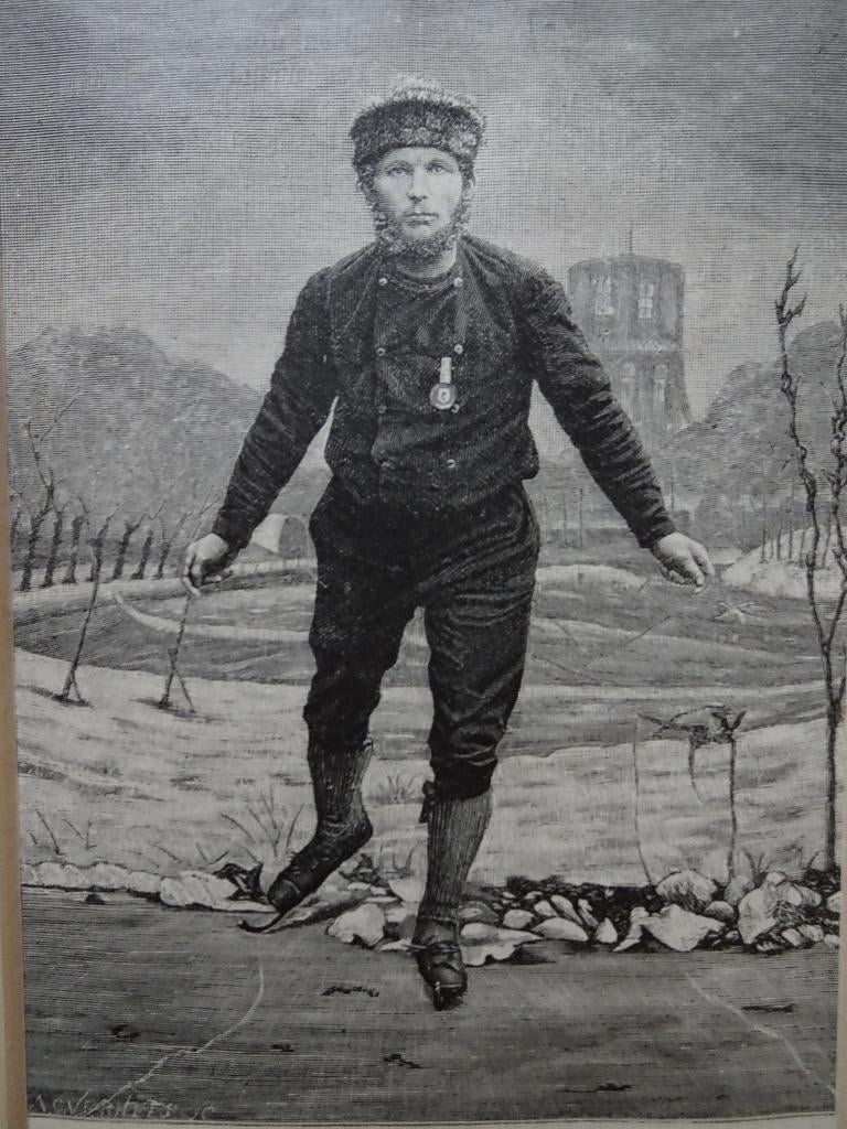 staalgravure schaatser Pieter Bruinsma wint Leeuwarden, 1886, Verzenden