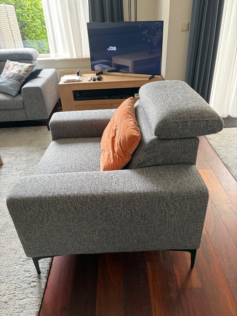 Moderne Fauteuils 2 stuks stoffen bekleding blauw/grijs, Huis en Inrichting, Stoelen, Ophalen, Twee, Blauw, Zo goed als nieuw