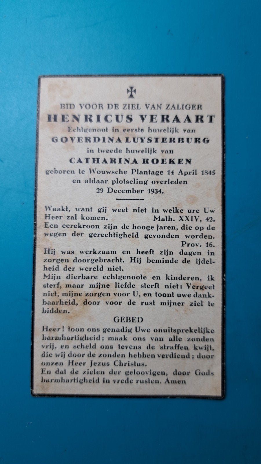 Wouwsche Plantage - Henricus Veraart - 1845 1934, Verzamelen, Verzenden, Bidprentje