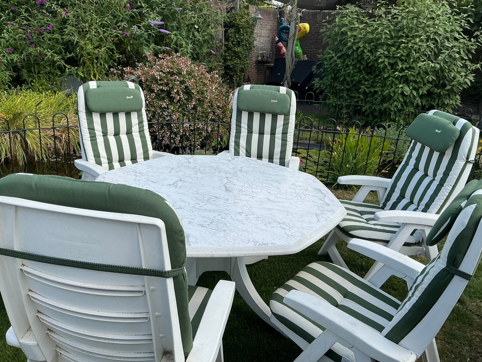 Tuinset Hartman. 6 stoelen verstelbaar, tafel en kussens, Tuin en Terras, Ophalen, Gebruikt, Kunststof, 6 zitplaatsen