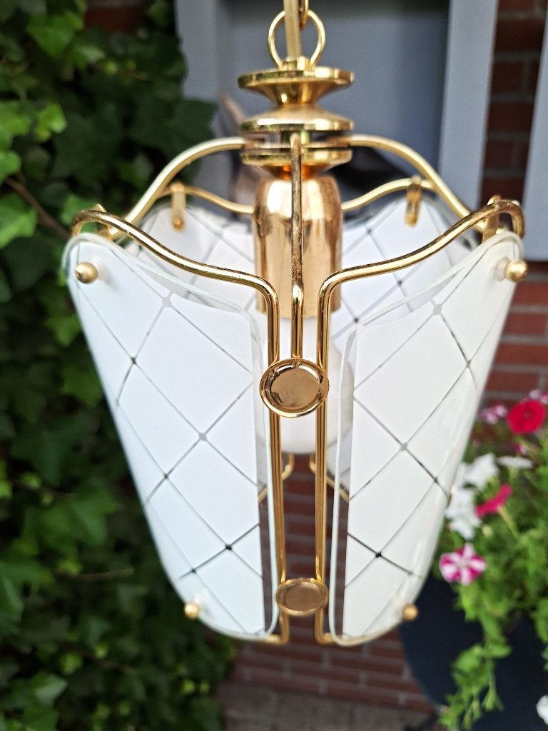 Hollywood Regency stijl lantaarn hanglamp  - hal lamp 70s, Ophalen, Gebruikt, Glas, E27 (groot)