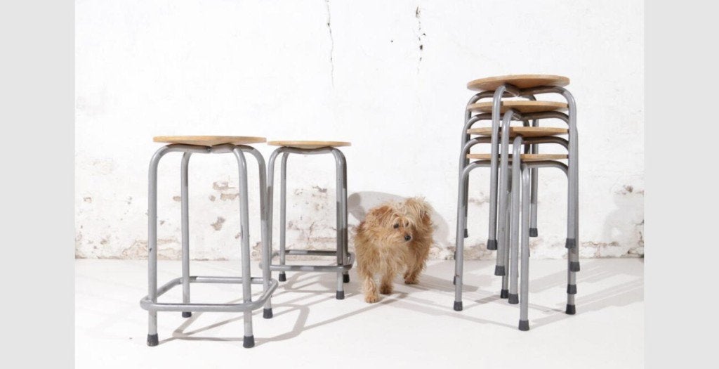 Industrieel Vintage Kruk Tabouret Zilver/Grijs frame, Ophalen of Verzenden, Gebruikt, Hout