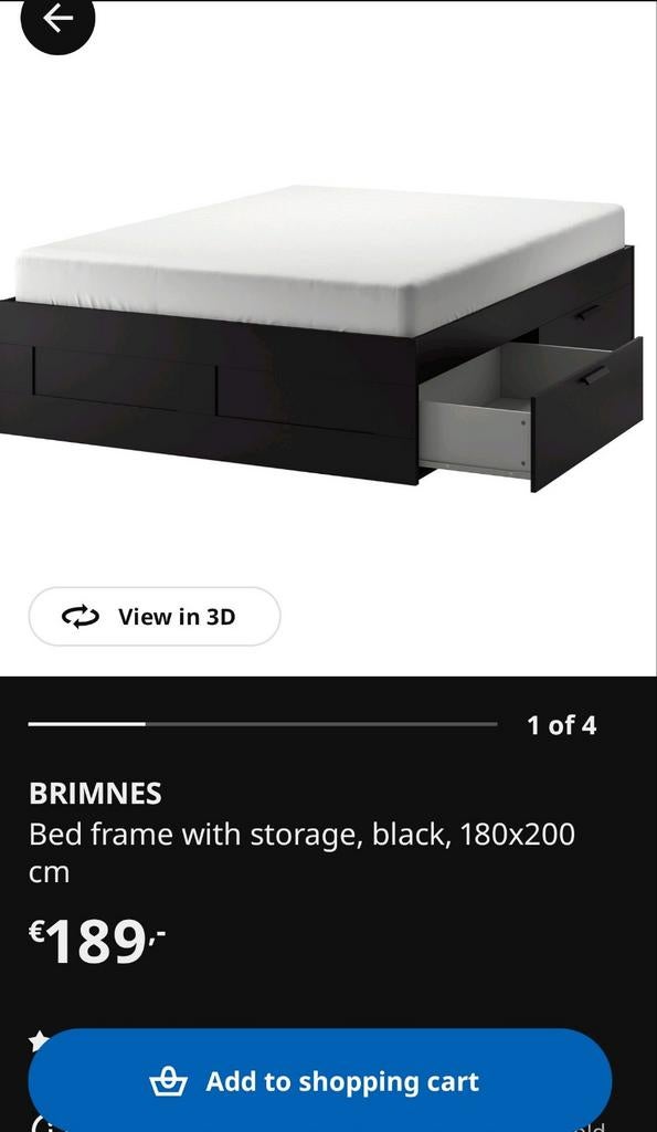 IKEA BRIMNES Bed Frame with 4 Storage Drawers - 180x200 cm, Ophalen, Zwart, Tweepersoons, Zo goed als nieuw