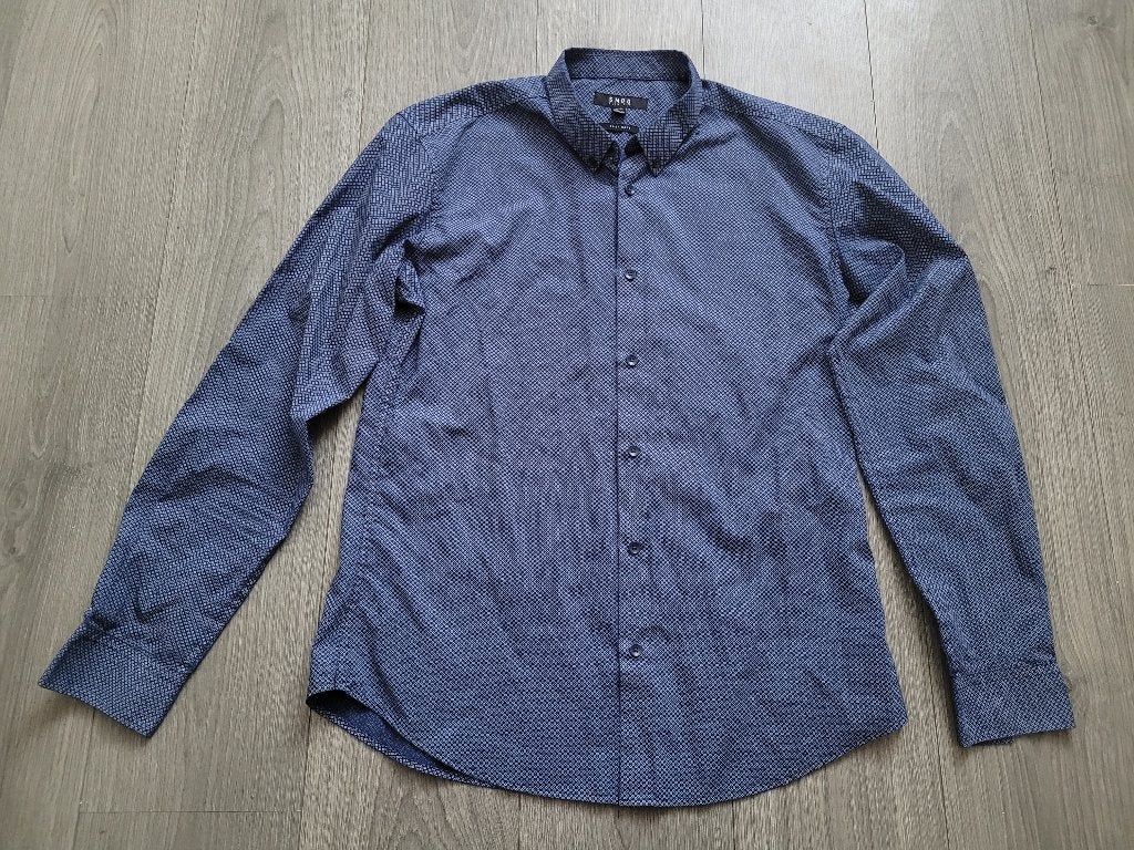 SMOG blauw slim fit overhemd met print maat L ~ TH1014, Blauw, Zo goed als nieuw, Halswijdte 41/42 (L), Smog