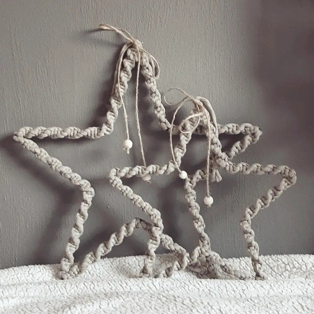 macrame sterren, Beige, 40 cm, Wandhanger, Eigen ontwerp