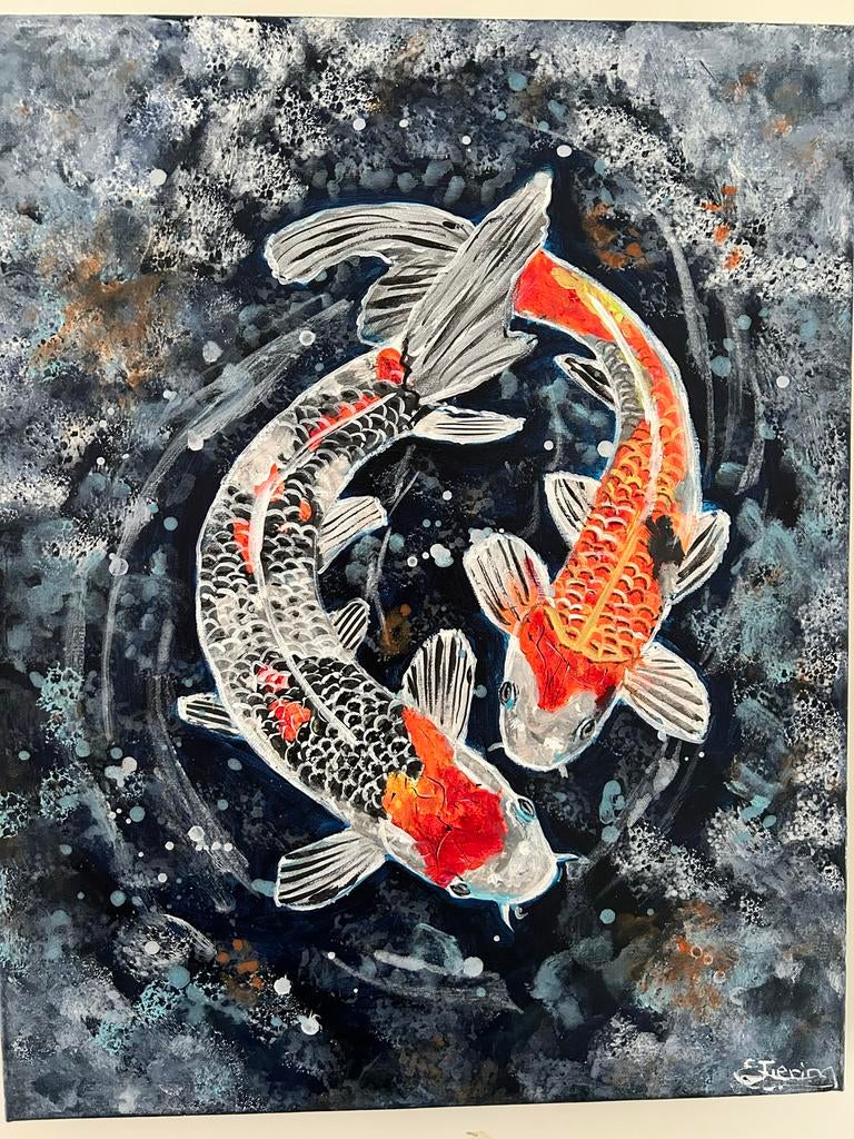 Schilderij koi vissen, Huis en Inrichting, Woonaccessoires | Schilderijen, Tekeningen en Foto's, Minder dan 50 cm, 50 tot 75 cm