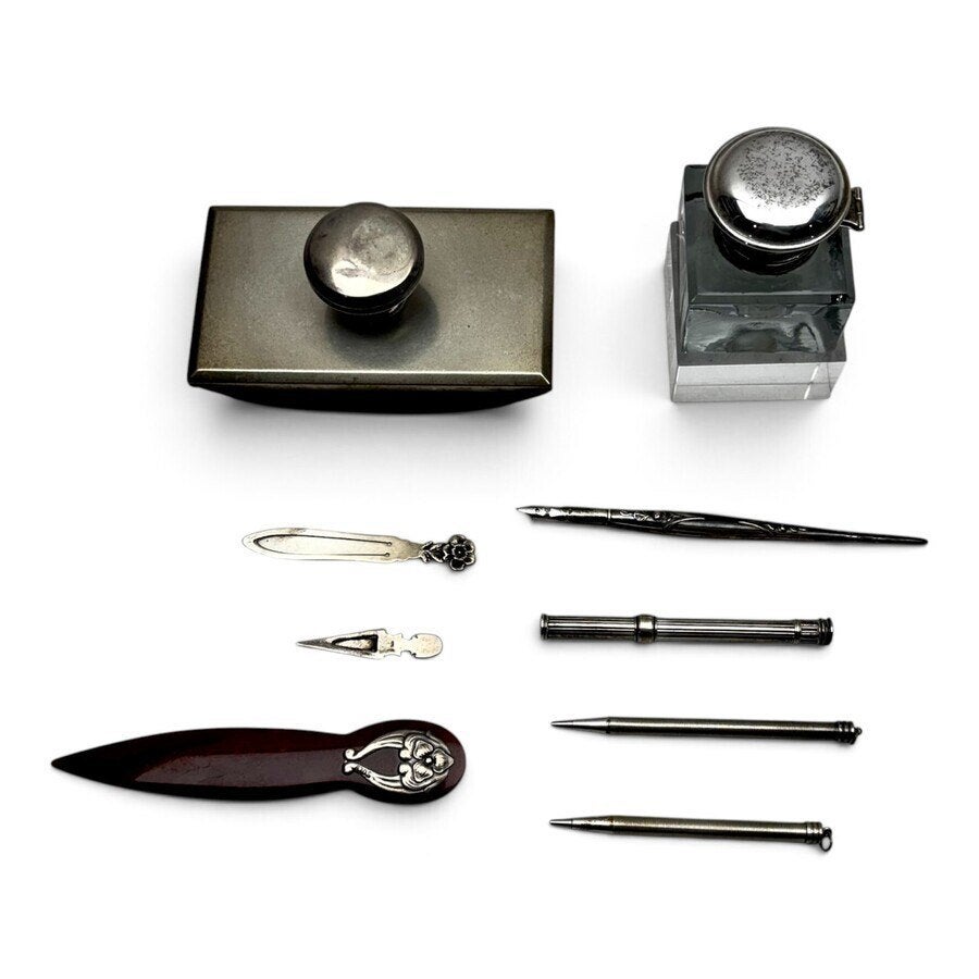Lot bureau-accessoires met zilveren details (9x), Antiek en Kunst, Ophalen of Verzenden