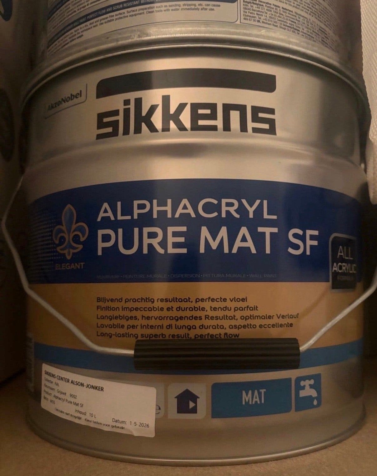 Sikkens Alphacryl Pure Mat SF Muurverf Grijs Wit 10L, 5 tot 10 liter, Nieuw, Ophalen of Verzenden, Verf