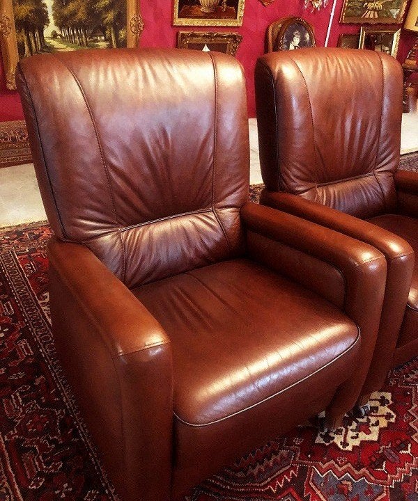 2 Fauteuils leren stoelen klassiek bruin vintage, Huis en Inrichting, Fauteuils, Ophalen, Gebruikt, 50 tot 75 cm, Leer