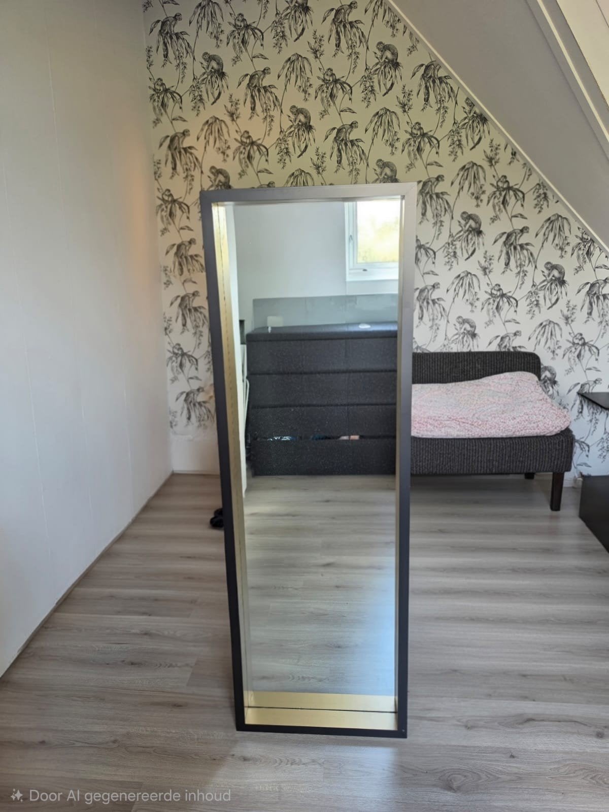 Grote spiegel met gouden rand en zwarte lijst, Huis en Inrichting, Ophalen, Gebruikt, Rechthoekig, 150 tot 200 cm