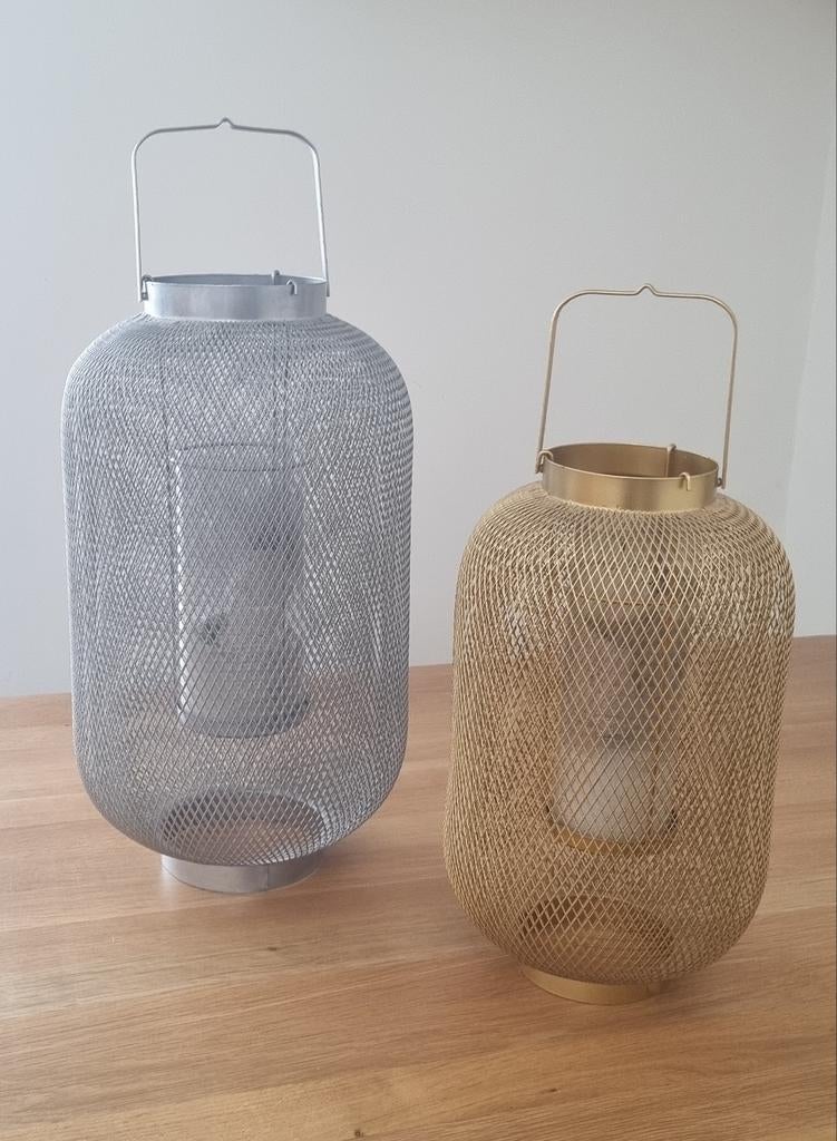 Windlichten goud en zilver 43 & 33 cm, Ophalen, Zo goed als nieuw, Metaal, 25 tot 50 cm