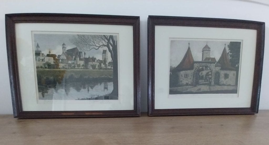 2 kleurenetsen Ernst Geissendörfer Dinkelsbühl & Rothenburg, Ophalen of Verzenden, Landschap, Met tekst, 1950 - 1999
